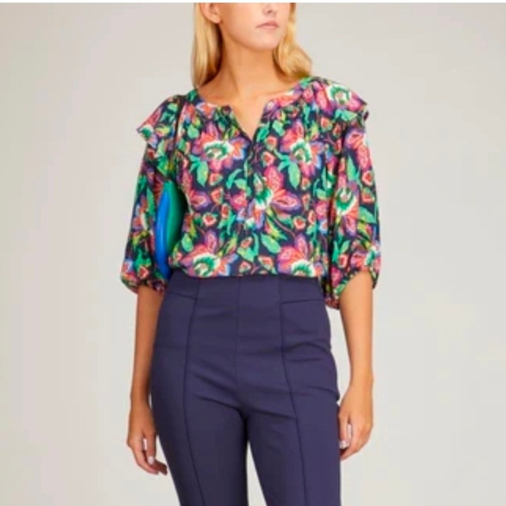 Xirena Kiarna Small Floral Rayon Blouse Ruffle Shoulder Button Front Top Multi
